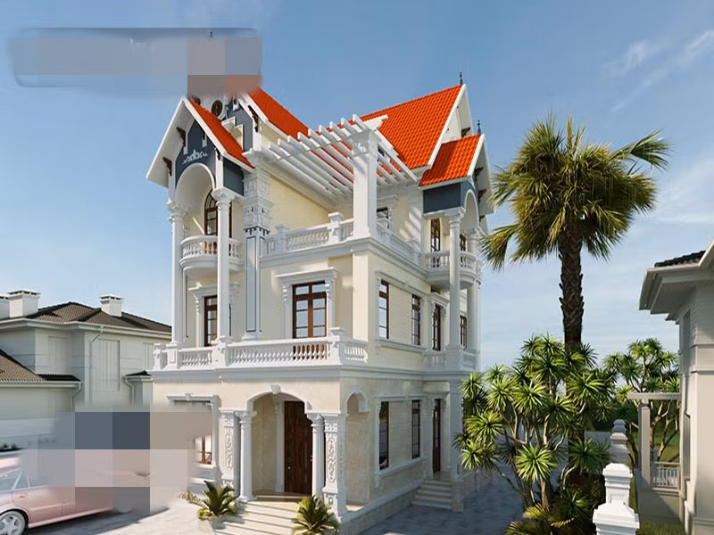 Biệt thự mái thái sử dụng gam màu vàng kem kết hợp với màu trắng truyền thống sang trọng, cuốn hút. Ảnh: Arcviet.