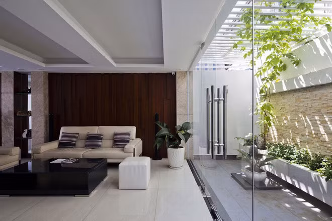 Khoảng sân sau được bố trí một hệ lam che nắng và dây leo, tăng thêm màu xanh mát.