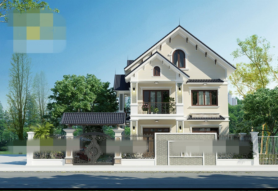 Mẫu nhà mái thái kiểu Pháp nhẹ nhàng, quý phái. Phần mái chữ A xếp chồng tạo cho tổng thể căn nhà có được những nét độc đáo và đặc trưng riêng. Ảnh: Tuvannhadep.