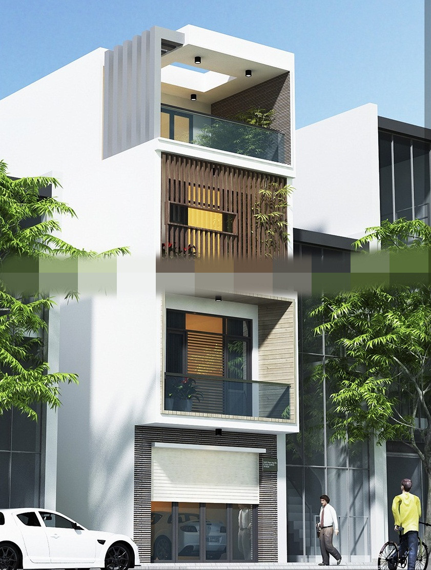  Mẫu nhà ống lệch tầng nổi bật với mặt tiền phô diễn nét khỏe mạnh, cứng cáp. Hệ lam nhôm giả gỗ trở thành điểm nhấn. Ảnh: Nhalouis.