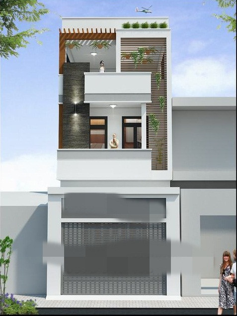 Mặt tiền ngôi nhà sử dụng khung lam nhôm bên phải, còn lại dùng gạch thẻ và ốp đá gốm để tiết kiệm chi phí. Ảnh: Thietkenhadepmoi.