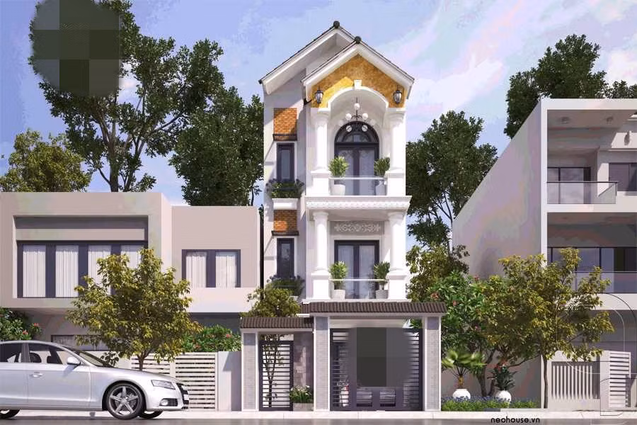 Những chi tiết trang trí mặt tiền không quá cầu kỳ nhưng vẫn mang lại giá trị thẩm mỹ cao cho nhà ống 3 tầng bán cổ điển. Ảnh: Neohouse.