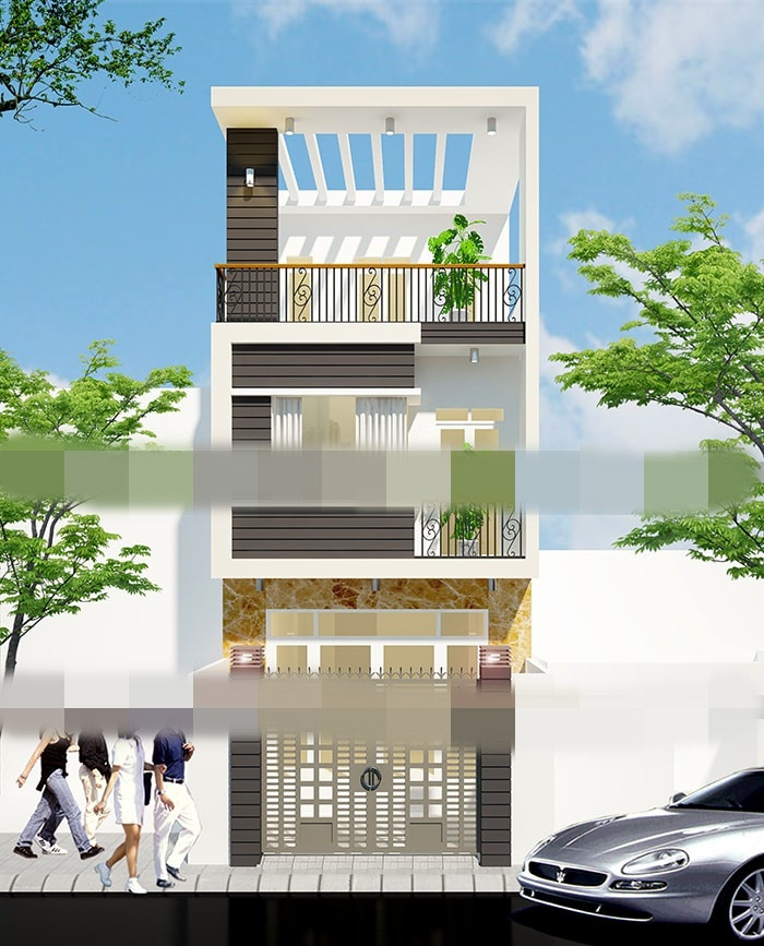 Điểm nhấn cho mặt tiền công trình là những khung cột và hệ lam giả màu ghi đậm đối lập với gam màu trắng chủ đạo. Ảnh: Xaydungnhadepmoi.