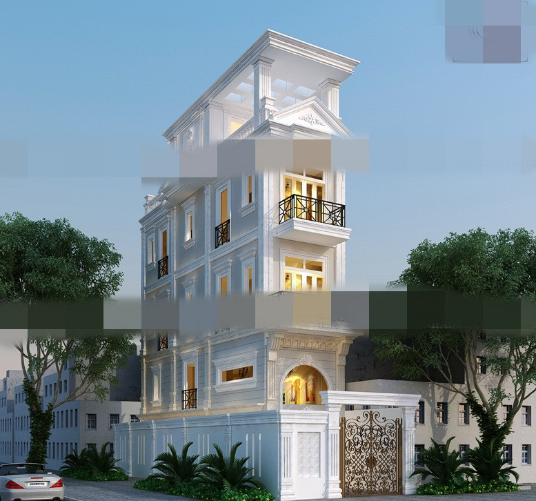 Nhà phố 3 tầng 1 tum đẹp bán cổ điển với kiểu mái che ngang sáng tạo. Ảnh: Kienanvinh.