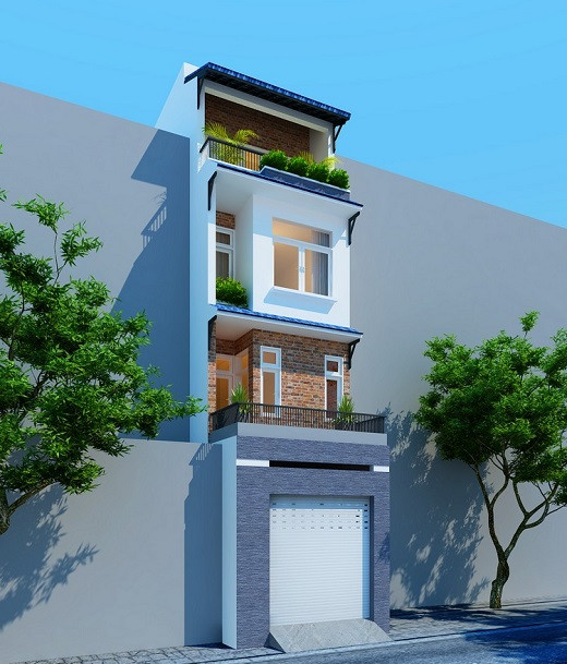 Bức tường gạch mộc đan xen tạo điểm nhấn bên ngoài mặt tiền nhà ống. Ảnh: Xaysuanhadan.