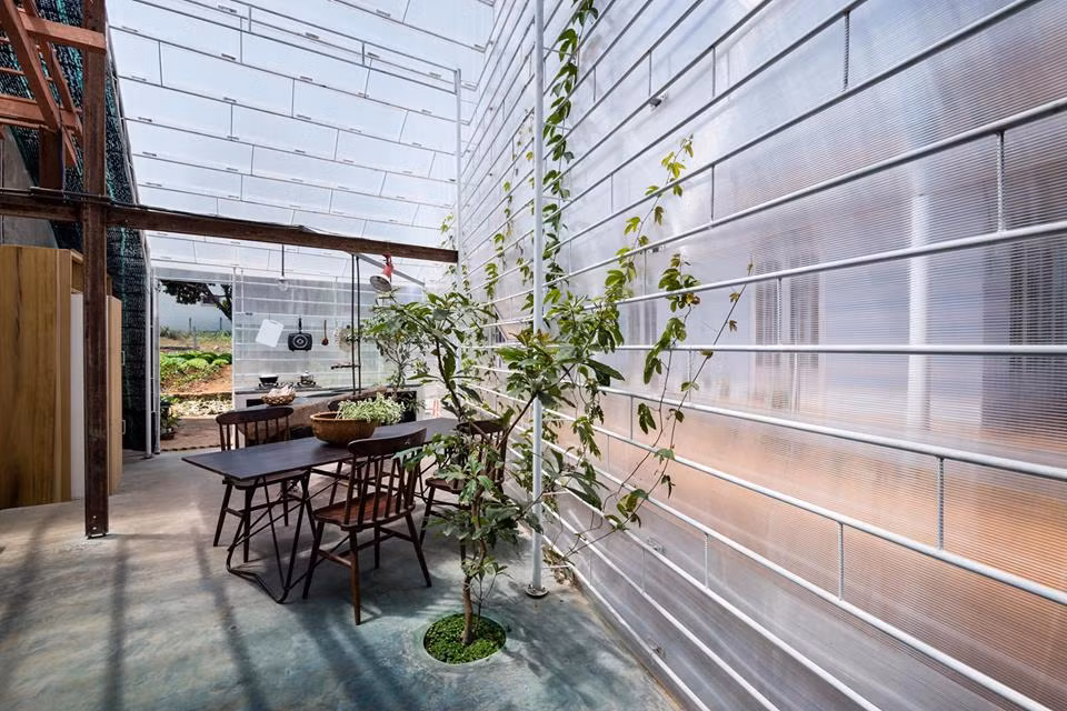 Lớp tường kính cho không gian nhà bếp ngập ánh sáng.