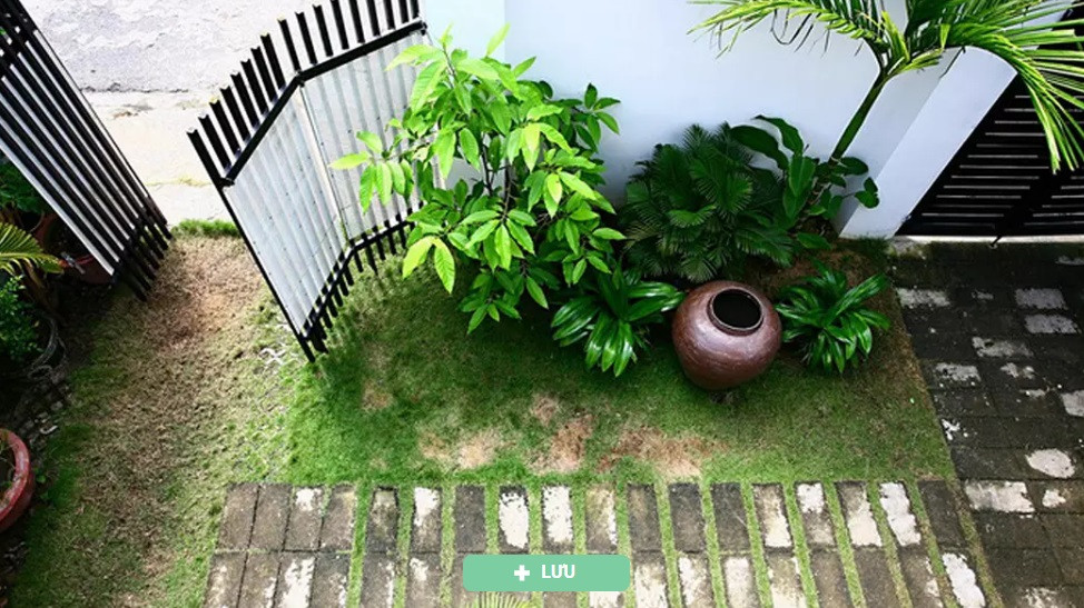 Trên mảnh đất 100m2, kiến trúc sư dành một phần cho diện tích sân vườn. Sân trước không lát gạch hay đá mà thiết kế một vườn cỏ xanh mướt.