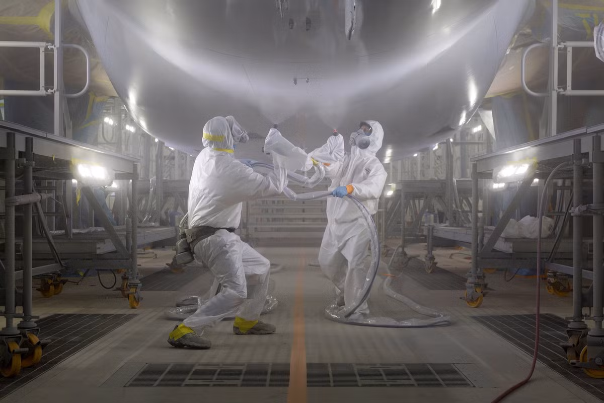 Công nhân tiến hành sơn bên trong khoang máy bay.