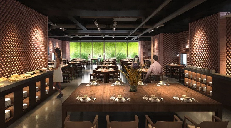 Khu vực nhà hàng thiết kế mở với tầm nhìn thoáng đãng ra không gian xanh mướt.