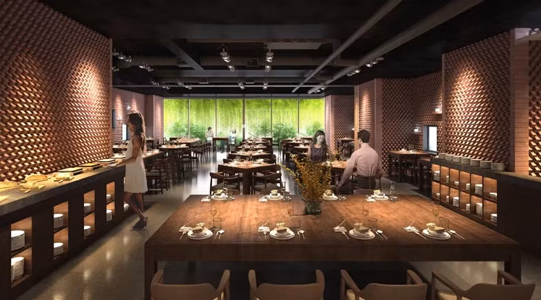 Khu vực nhà hàng thiết kế mở với tầm nhìn thoáng đãng ra không gian xanh mướt.