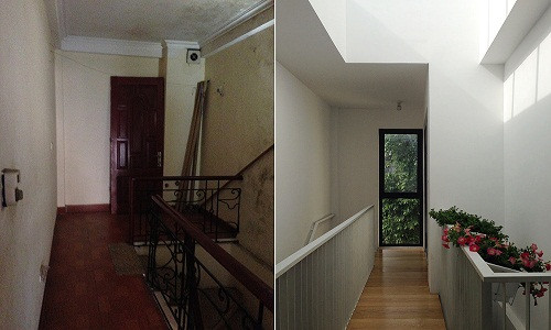 Sau khi nghiên cứu, phương án cải tạo nhà ống cũ là loại bỏ cầu thang giữa nhà. Thay vào đó, kết hợp giếng trời và hệ thống cửa kính mở ra phía sau.