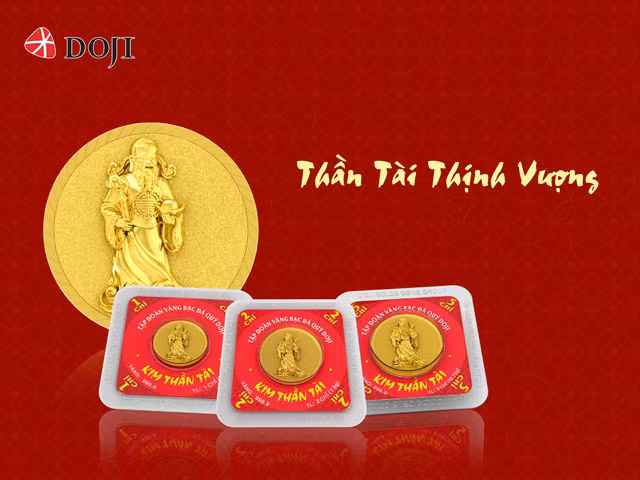 Đồng vàng in hình 3D biểu tượng Ông Thần Tài được đông đảo khách hàng săn lùng trong ngày Vía Thần Tài. Ảnh: Doji.