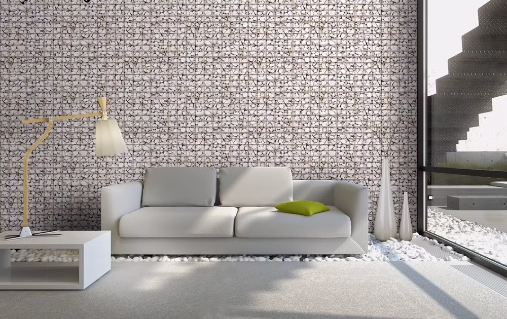 Họa tiết giả sỏi cũng là giải pháp đột phá cho phòng khách hiện đại. Ảnh: Giaydantuongnnd.