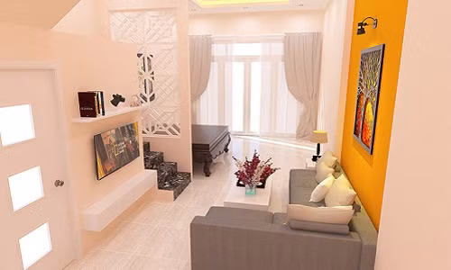 Phòng khách với các đồ nội thất hiện đại. Gam màu trung tính gợi cảm giác thoáng rộng cho cả không gian tầng 1.