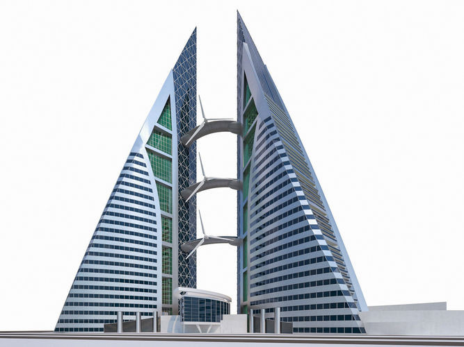 Bên cạnh đó, đảo quốc Bahrain còn nổi tiếng với Trung tâm thương mại World Trade Center. Đây là tòa cao ốc đầu tiên trên thế giới có các tuabin gió trong thiết kế. Ảnh: CGTrader.