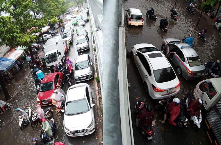 Trên đường Nguyễn Hữu Cảnh (quận Bình Thạnh), nước ngập hơn nửa mét tại khu vực cầu vượt Nguyễn Hữu Cảnh và trước lối dẫn ra cầu Sài Gòn.