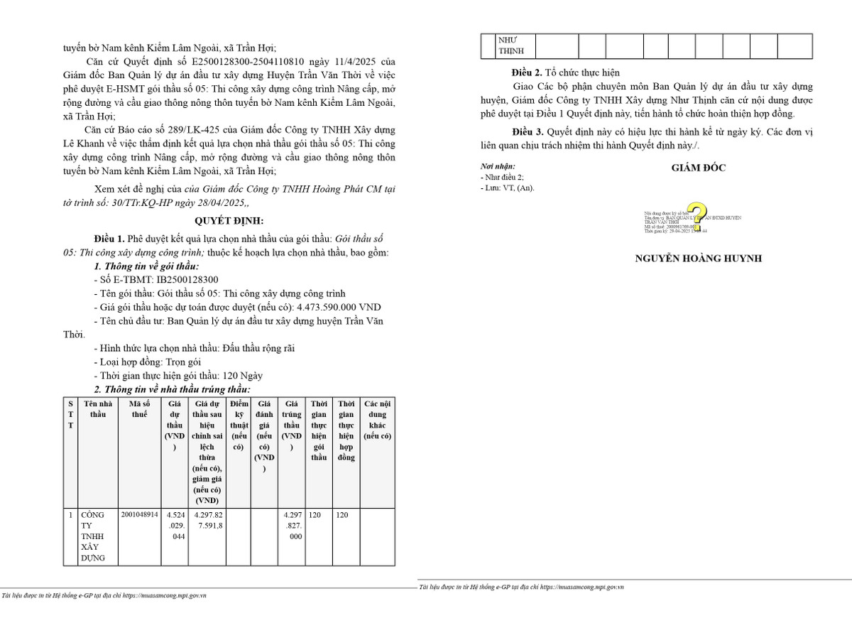 Ca Mau: Cty Nhu Thinh thang de goi thau nang cap duong GTNT hon 4 ty