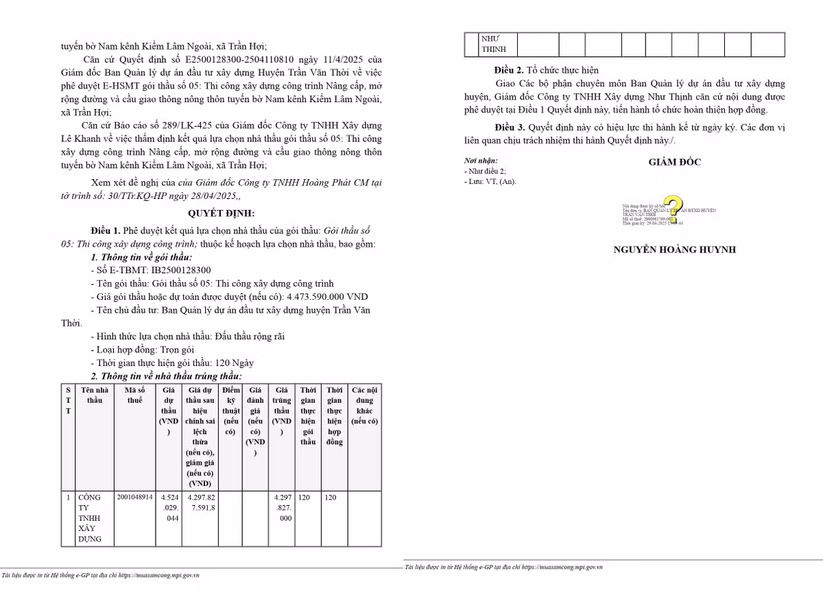 Ca Mau: Cty Nhu Thinh thang de goi thau nang cap duong GTNT hon 4 ty