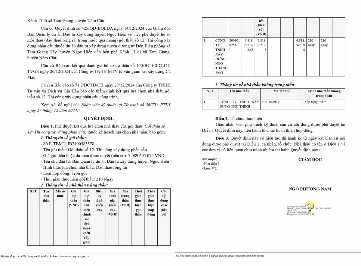 Trích Quyết định số KQ2400583378_2412281439 phê duyệt cho Công ty TNHH Xây dựng Ngô Thành Đạt trúng thầu (Nguồn MSC)