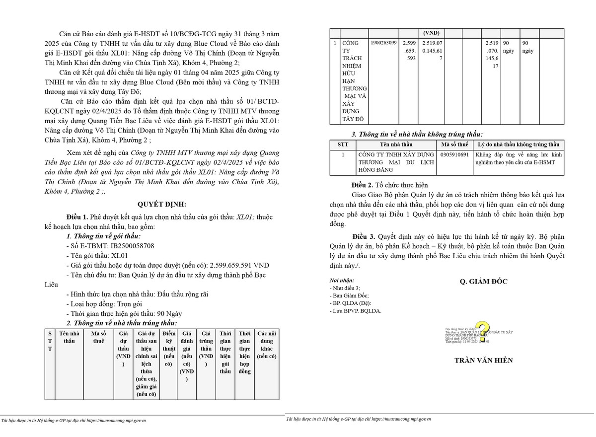 Cty Tây Đô trúng gói thầu nâng cấp đường Võ Thị Chính tại TP Bạc Liêu Cty Tay Do trung goi thau nang cap duong Vo Thi Chinh tai TP Bac Lieu