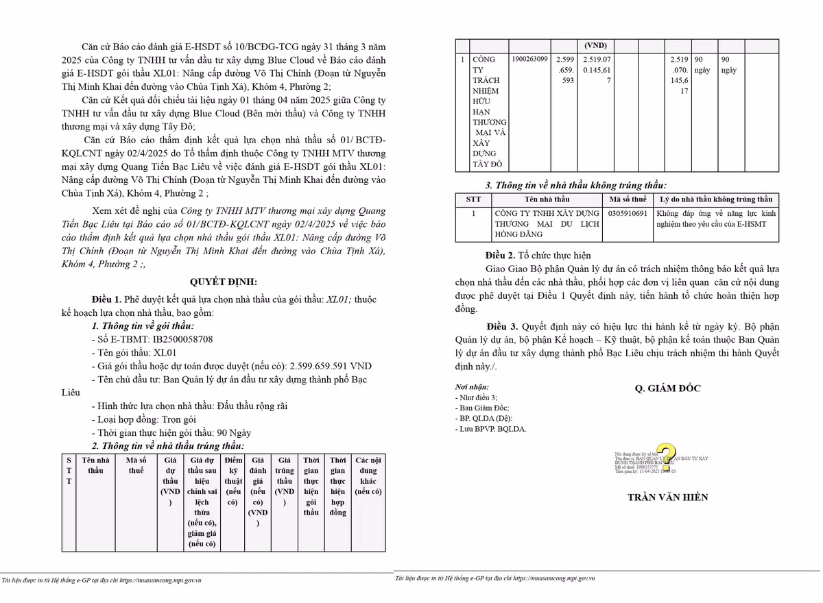 Cty Tay Do trung goi thau nang cap duong Vo Thi Chinh tai TP Bac Lieu