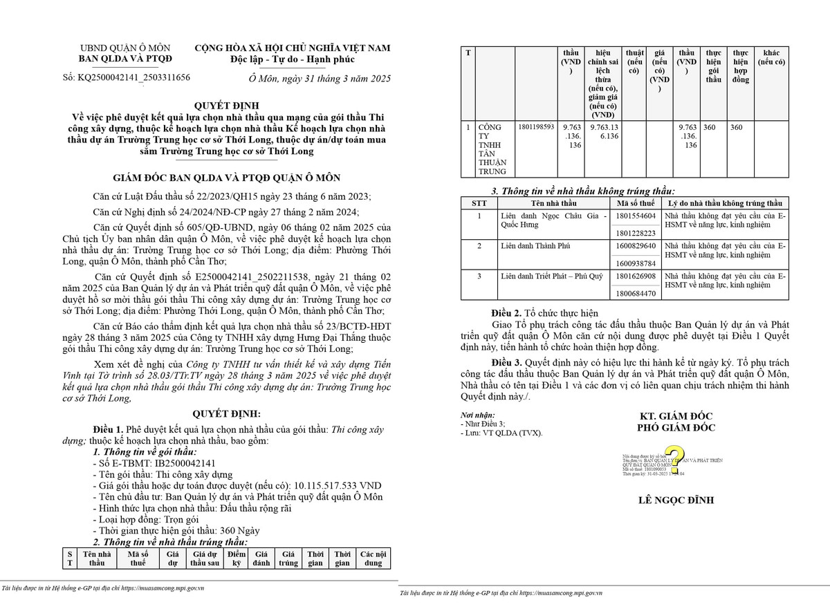 Cần Thơ: Cty Tân Thuận Trung thắng gói thầu xây trường THCS Thới Long Can Tho: Cty Tan Thuan Trung thang goi thau xay truong THCS Thoi Long