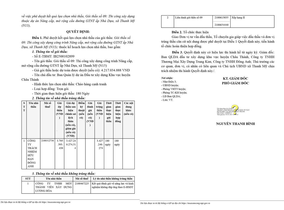 Tra Vinh: Cty Dong Anh thang goi thau nang cap duong GTNT tai Chau Thanh