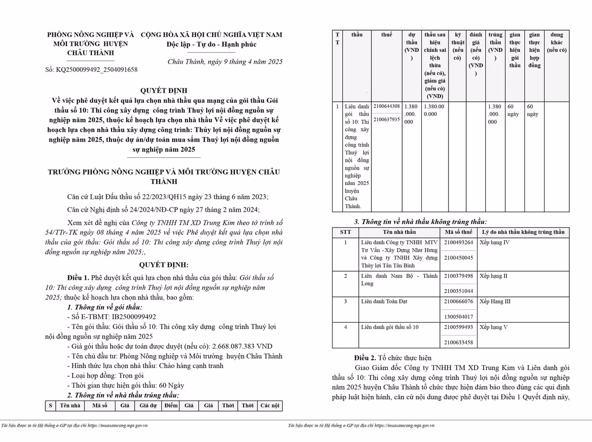 Tra Vinh: Bat ngo voi ket qua goi thau cong trinh Thuy loi noi dong huyen Chau Thanh