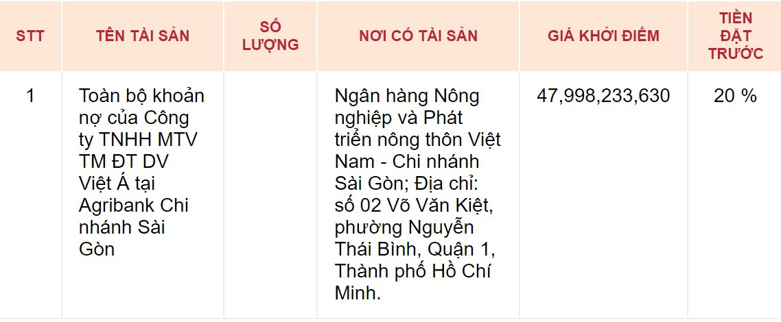 Đấu giá khoản nợ của Công ty Việt Á tại Agribank Sài Gòn Dau gia khoan no cua Cong ty Viet A tai Agribank Sai Gon