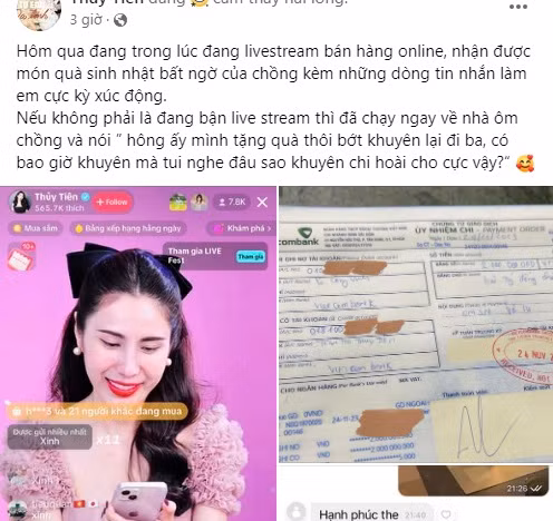 Cong Vinh tang sinh nhat Thuy Tien 2 ty, khuyen vo ngung ban hang online