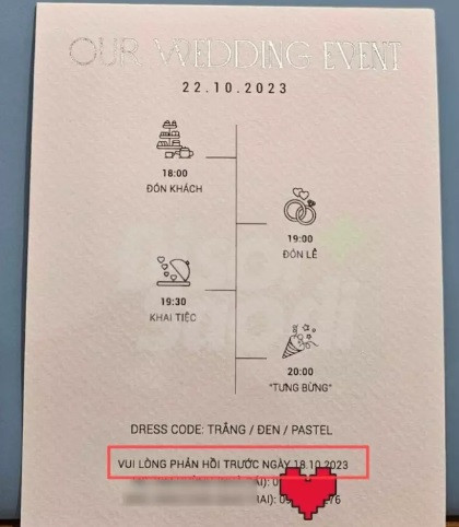 Theo thông tin trên thiệp mời, Thanh Hằng và chồng sẽ bắt đầu đón khách từ 18h, họ có 1 tiếng chụp ảnh kỷ niệm trước khi bắt đầu làm lễ lúc 19h. Thanh Hằng và chú rể sẽ thực hiện các nghi lễ cưới hỏi, trao lời nguyện thề và nhẫn cưới trong 30 phút, sau đó dàn khách mời sẽ bước vào tiết mục "tưng bừng" để chúc phúc cho cô dâu chú rể. Ảnh: 2 Sao