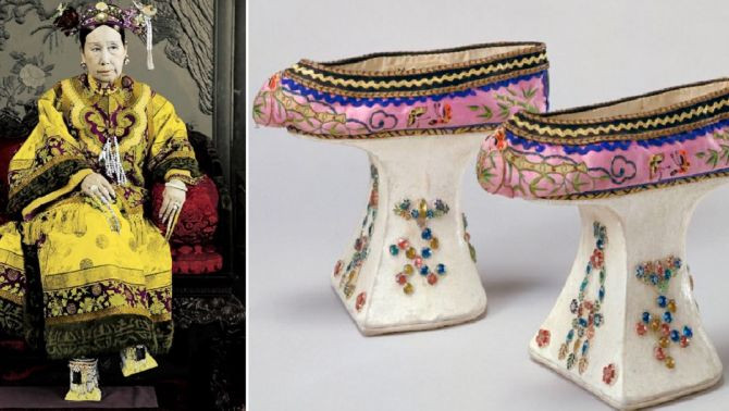 Một số phi tần còn khoét rỗng đế gỗ, nhét chuông để tạo ra âm thanh khi đi bộ hoặc lấp đầy bên trong bằng cát trắng mịn và đục những lỗ nhỏ ở đế để có thể để lại những hình dạng như hoa, bướm... trên con đường đi qua.