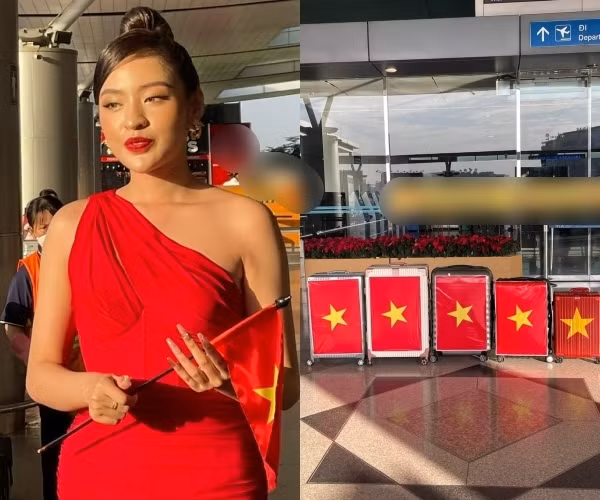 Thanh Tâm cũng khéo léo lựa chọn trang phục tông đỏ để lấy may mắn cho hành trình sắp tới. Cô búi tóc chỉn chu và trang điểm kỹ khi xuất hiện ở nơi đông người.