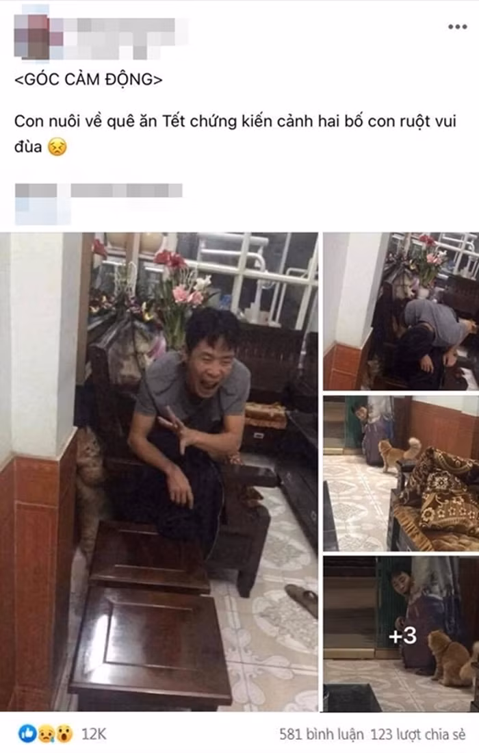 Hình ảnh người đàn ông trông vô cùng vui vẻ và hạnh phúc đang chơi trốn tìm với chú mèo con trước sự bất lực của con cái.