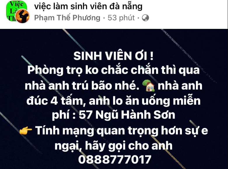 Để giúp đỡ người dân chống chọi với cơn bão mạnh nhất trong 20 năm qua, nhiều người dân Đà Nẵng sẵn sàng đăng tải thông tin kêu gọi mọi người đến nhà mình tránh bão. Hành động của anh Phạm Thế Phương trong bài đăng này nhận được sự ủng hộ nhiệt tình của cư dân mạng.