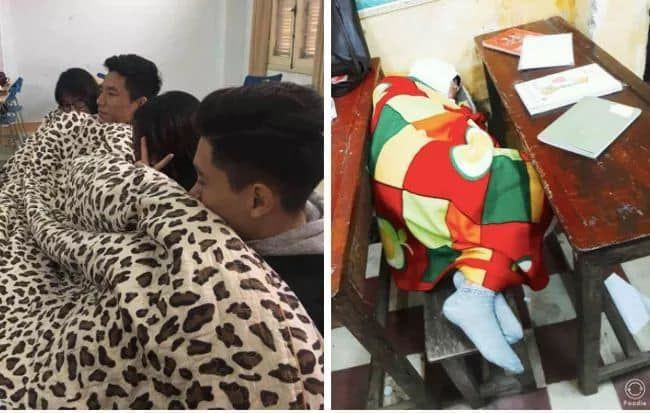Để chống chọi được với thời tiết này, nhiều cô cậu học trò đã không ngần ngại đem cả chăn đến lớp để ủ ấm.