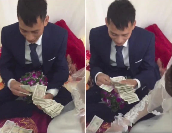 Hình ảnh chú rể ngồi đếm tiền mừng cưới toàn mệnh giá 1000, 2000 đồng trước sự hò reo của đám bạn thân. Nhiều người không khỏi bật cười trước sự "lầy lội" của đám bạn thân, đồng thời đồng cảm với cặp đôi khi đếm tiền mừng cưới "mỏi mồm". Ảnh: Tổng hợp