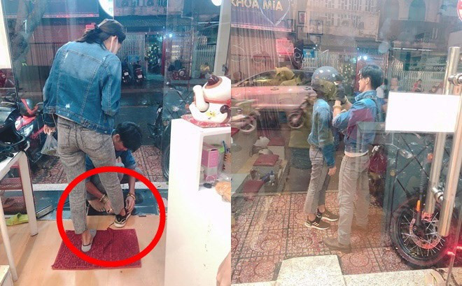 Khoảnh khắc này người chồng ân cần đi giày và đội mũ bảo hiểm cho vợ khiến nhiều người ngưỡng mộ.