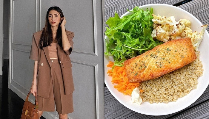 Hà Tăng cũng là người nổi tiếng với chế độ ăn uống "healthy" nên các bữa ăn của cô thường là những thực phẩm tốt cho sức khỏe. Bữa trưa của bà mẹ hai con gồm hạt quinoa trắng ăn kèm cá hồi nướng bằng nồi chiên không dầu, súp lơ trắng, cà rốt, rau xanh. Bên cạnh cơm trắng, bữa ăn nhà cô thường xuyên xuất hiện hạt quinoa. Thực phẩm này không chỉ giàu chất xơ mà còn chứa nhiều khoáng chất, vitamin, protein.