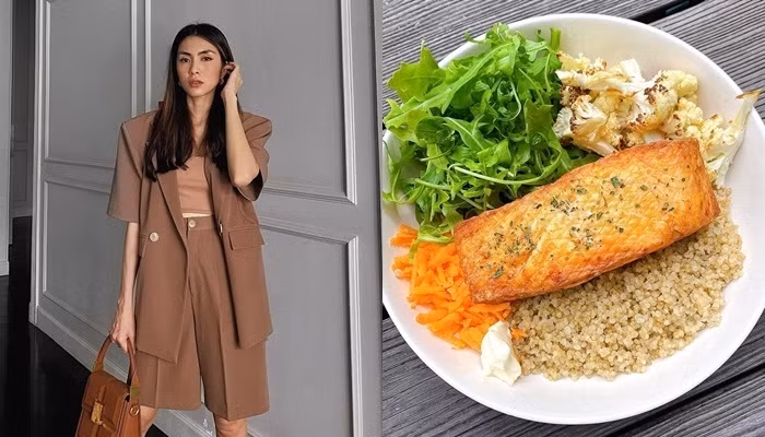 Hà Tăng cũng là người nổi tiếng với chế độ ăn uống "healthy" nên các bữa ăn của cô thường là những thực phẩm tốt cho sức khỏe. Bữa trưa của bà mẹ hai con gồm hạt quinoa trắng ăn kèm cá hồi nướng bằng nồi chiên không dầu, súp lơ trắng, cà rốt, rau xanh. Bên cạnh cơm trắng, bữa ăn nhà cô thường xuyên xuất hiện hạt quinoa. Thực phẩm này không chỉ giàu chất xơ mà còn chứa nhiều khoáng chất, vitamin, protein.