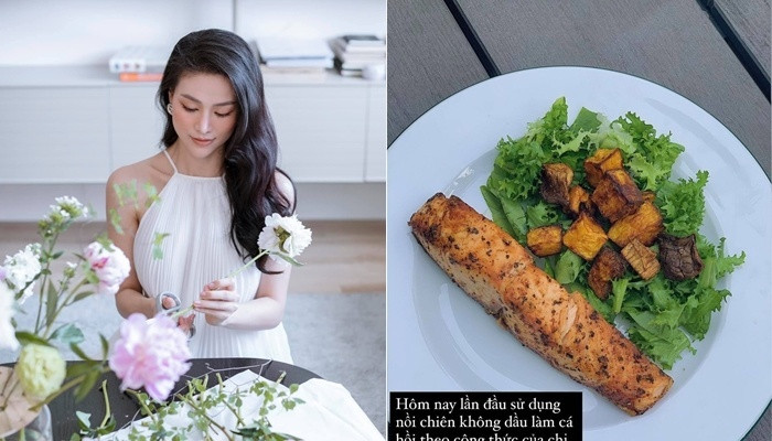 Hoa hậu Phương Khánh cũng thích lối ăn uống healthy, điển hình như món cá hồi nướng bằng nồi chiên không dầu ăn kèm với bí đỏ và nấm. Miss Earth Việt Nam 2018 ướp cá hồi cùng một chút muối, nướng ở nhiệt độ 190-200 độ C trong khoảng 15-20 phút.