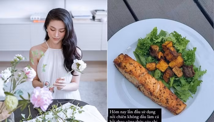 Hoa hậu Phương Khánh cũng thích lối ăn uống healthy, điển hình như món cá hồi nướng bằng nồi chiên không dầu ăn kèm với bí đỏ và nấm. Miss Earth Việt Nam 2018 ướp cá hồi cùng một chút muối, nướng ở nhiệt độ 190-200 độ C trong khoảng 15-20 phút.