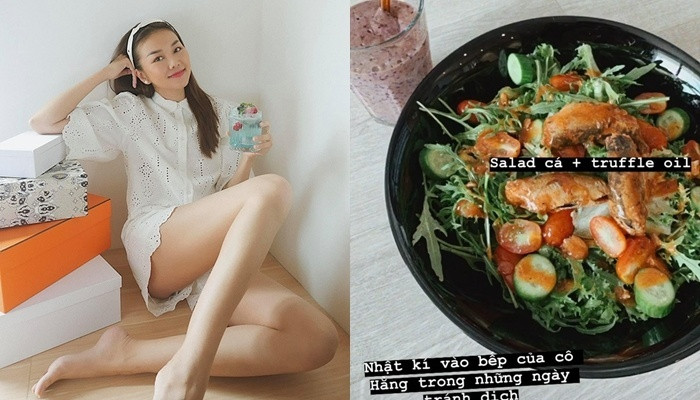 Thanh Hằng lại có bữa ăn lành mạnh là một tô salad gồm cà chua bi, dưa leo trộn, rau arugula cùng cá chiên. Đi kèm là một ly sinh tố gồm chuối chín, việt quất xay cùng sữa hạnh nhân.