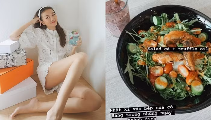 Thanh Hằng lại có bữa ăn lành mạnh là một tô salad gồm cà chua bi, dưa leo trộn, rau arugula cùng cá chiên. Đi kèm là một ly sinh tố gồm chuối chín, việt quất xay cùng sữa hạnh nhân.