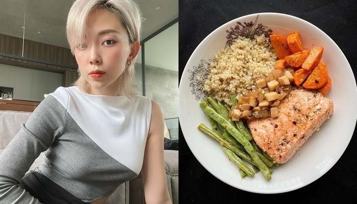 Tóc Tiên cũng chuộng hạt quinoa và thường xuyên nấu ăn bằng loại thực phẩm này. Cô nấu chín quinoa như cơm gạo thông thường và ăn kèm cá hồi áp chảo sốt nấm cà rốt, đậu que.