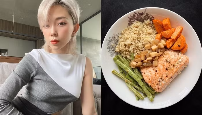 Tóc Tiên cũng chuộng hạt quinoa và thường xuyên nấu ăn bằng loại thực phẩm này. Cô nấu chín quinoa như cơm gạo thông thường và ăn kèm cá hồi áp chảo sốt nấm cà rốt, đậu que.