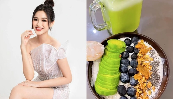 Hoa hậu Đỗ Thị Hà lại ăn sữa chua cùng quả bơ, việt quất, hạt chia. Để bữa sáng đầy đủ dinh dưỡng, cô còn bổ sung thêm nước ép cung cấp vitamin cho cơ thể.