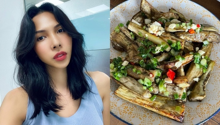 Minh Triệu lại thực hiện món cà tím mắm ớt tỏi. Cà tím chứa nhiều khoáng chất, vitamin, đặc biệt là những chất chống oxy hóa nên nó là một trong những loại rau quả xuất hiện nhiều trong các thực đơn ăn kiêng của người muốn giảm cân. Minh Triệu nướng cà để vừa giữ được độ ngọt tự nhiên của cà, vừa tốt cho sức khỏe.