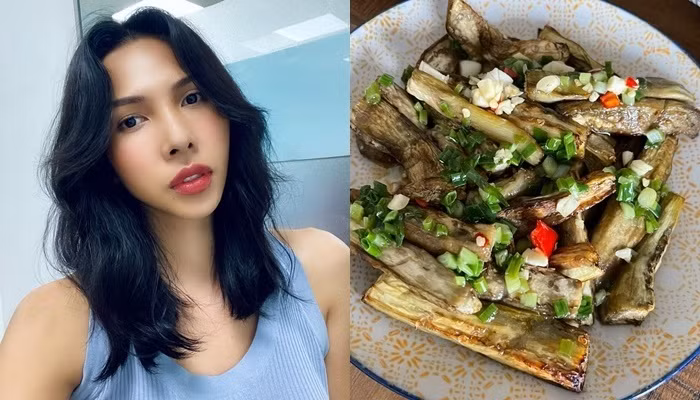 Minh Triệu lại thực hiện món cà tím mắm ớt tỏi. Cà tím chứa nhiều khoáng chất, vitamin, đặc biệt là những chất chống oxy hóa nên nó là một trong những loại rau quả xuất hiện nhiều trong các thực đơn ăn kiêng của người muốn giảm cân. Minh Triệu nướng cà để vừa giữ được độ ngọt tự nhiên của cà, vừa tốt cho sức khỏe.