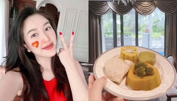 Bảo Thy lại ăn ức gà, bí đỏ, khoai lang, bông cải và ngô hấp chín. Cô hạn chế tối đa dầu mỡ và thường hấp các loại rau củ.